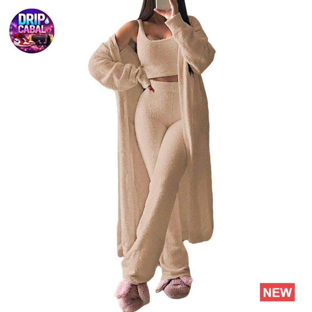 Fuzzy 3 Piece Lounge Set Oversized Cardigan Crop Tank Wide Leg Pants Cozy